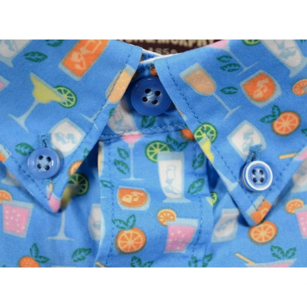 Johnston & Murphy Shirt Men's L Button Front Short Sleeve Blue w/ Cocktail Glass - Picture 3 of 16
